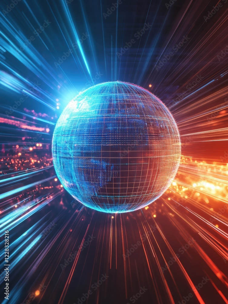 Poster spinning globe with glowing contour lines illuminated by vibrant light trails and dynamic energy sou