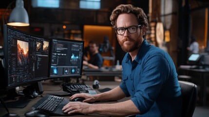 A professional electronics development engineer works at his desk, coding on his personal computer. Meanwhile, a team uses a digital whiteboard equipped with CAD software for contemporary industrial