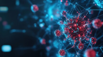 An abstract representation of a human immune system with glowing defense cells and health metrics, set against a dark background, Conceptual style