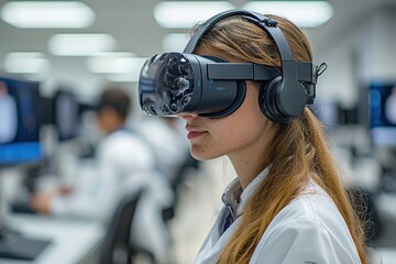 Student explores virtual reality in high-tech lab while wearing VR headset during a learning session