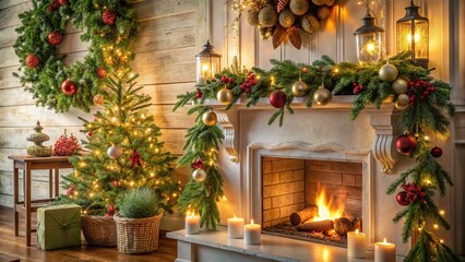 Rustic Farmhouse Christmas Fireplace Mantel Decor with Garland, Ornaments & Tree Lights