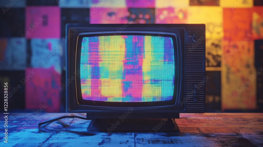 Poster retro television screen displays colorful glitch patterns and static noise in a nostalgic ambiance. 
