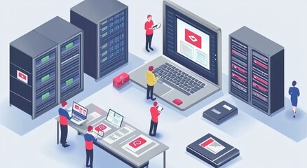 A modern isometric illustration on a gray backdrop showcases a virtual office where people are collaborating and brainstorming innovative concepts.