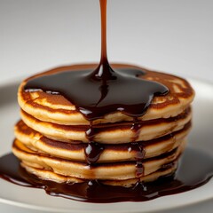 Decadent pancakes with rich chocolate sauce, inviting breakfast scene, simple white backdrop, perfect for culinary inspiration