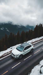 Side View of Winter Road Winding Through Snowy Pines with Snow-Capped Mountains Beyond