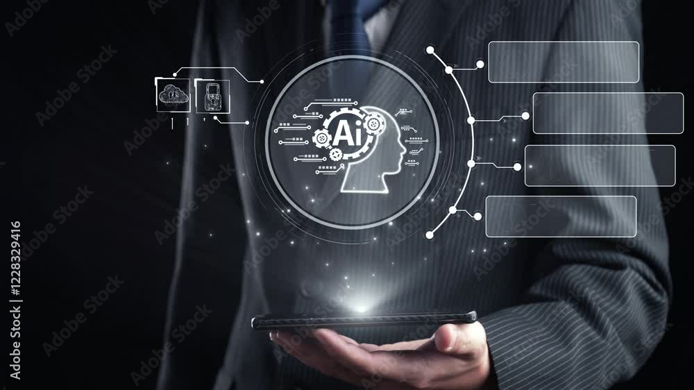 Poster human interact with ai artificial intelligence brain processor in concept of ai artificial intellige