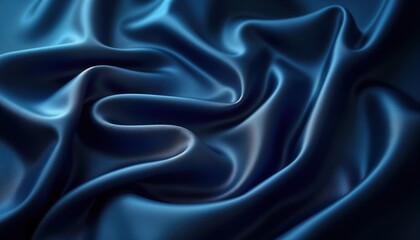 Fototapeta premium Closeup view of luxurious blue satin fabric. Soft waves, folds create elegant texture. Smooth surface, rich deep blue color make ideal for background design in fashion interior decor. Material