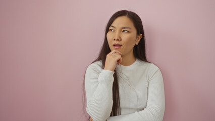 Young chinese woman with long hair in thoughtful pose against isolated pink background.