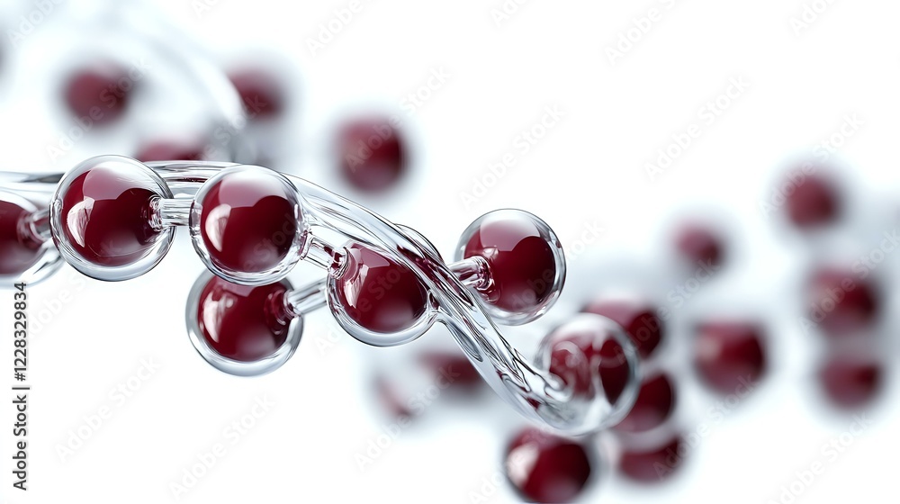 Poster transparent glass spheres with red liquid inside arranged in a curved line on white background, crea