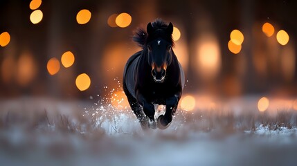 Black horse galloping through snowy field at sunset with magical bokeh lights in background, creating dramatic silhouette against warm winter atmosphere.