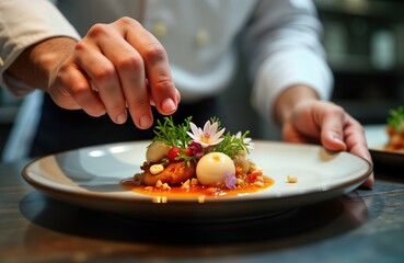 Expert chef precisely prepares gourmet dish in 5-star restaurant kitchen. Chef expertly arranges tasty food on plate with fresh vegetables, flowers. Close-up view of culinary creation. High-end