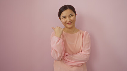 Fototapeta premium Woman smiling and pointing sideways with thumb against pink background, depicting confidence and positivity, suitable for concepts of direction and casual interaction settings.