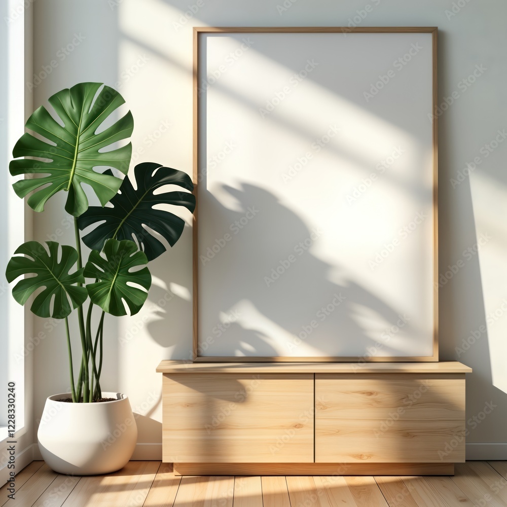 Poster empty frame mockup in modern interior design. light streaming in creates shadows on wall, frame. dec