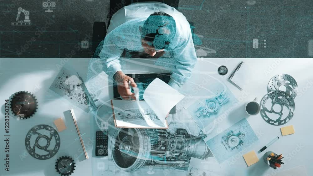 Poster top down view of architect engineer writing and planning turbine engine design while sitting at meet