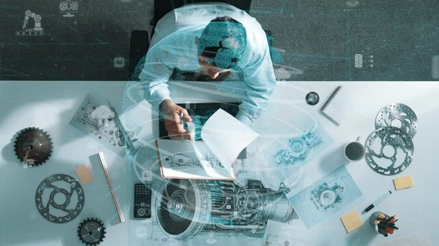 Top down view of architect engineer writing and planning turbine engine design while sitting at meeting table with gear and electronic generator scatter around with global connection. Alimentation.
