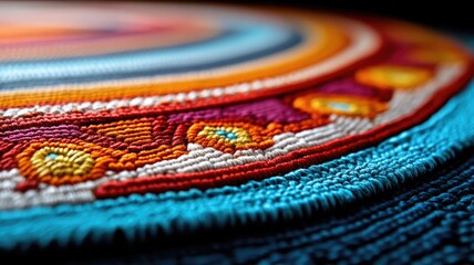 Colorful, intricate woven textile pattern with circular design