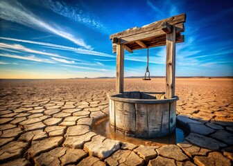 Naklejka premium Rustic Water Well in Arid Landscape with Copy Space - Stock Photo