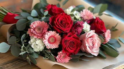 Beautiful floral arrangement featuring red and pink roses with greenery