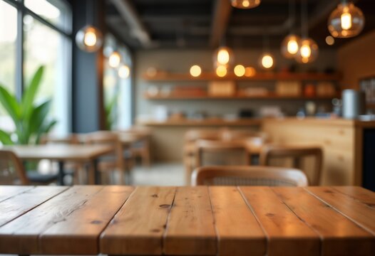 Wooden table in blurred cafe interior. Product display mockup. Rustic style eatery. Indoor setting. Comfortable chairs. Natural light. Stylish ambiance. Great for product photography. Restaurant