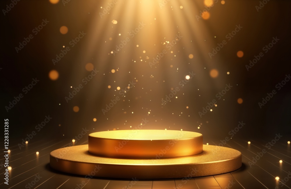 Poster Empty golden podium. Luxurious display platform in studio setting. Soft golden light. Dark brown wooden floor. Elegant, minimal design. Ideal for product presentation advertising. Modern,