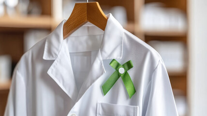 White coat with green ribbon symbolizes mental health awareness
