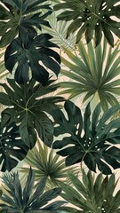 a mesmerizing repeating pattern of lush, vibrant tropical leaves in shades of emerald, lime, mint, and olive green, subtly accented with warm, sun-kissed hints of gold, set against a gentle