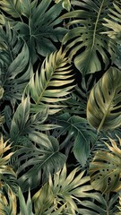 Fototapeta premium a mesmerizing repeating pattern of lush, vibrant tropical leaves in shades of emerald, lime, mint, and olive green, subtly accented with warm, sun-kissed hints of gold, set against a gentle