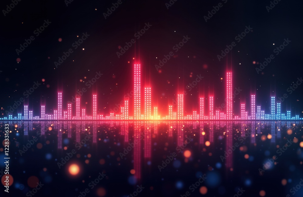 Fototapete dynamic waveform graphic display shows neon city skyline with colorful frequency bars. vibrant pink 