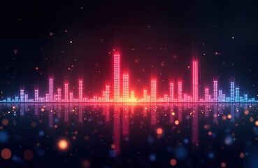 Dynamic waveform graphic display shows neon city skyline with colorful frequency bars. Vibrant pink blue, orange neon lights create glowing effect. Glowing dots add shimmer effect on dark backdrop.