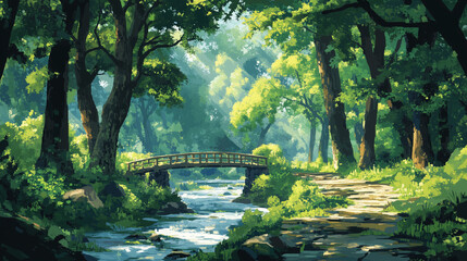 Obraz premium A low poly forest landscape with dense, angular trees forming a canopy under a cloudy sky