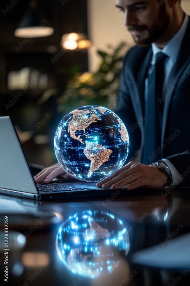 Poster an individual uses a laptop for online work with an earth globe hologram floating above, showcasing 