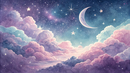 Dreamy Night Sky with Crescent Moon, Stars, and Colorful Clouds in a Fantasy Watercolor Painting