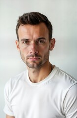 Fototapeta premium Close-up portrait of man with short brown hair. Man wears white T-shirt on white background. Serious expression, stubble. Photo good for documents like passports identity cards. Ideal for businesses