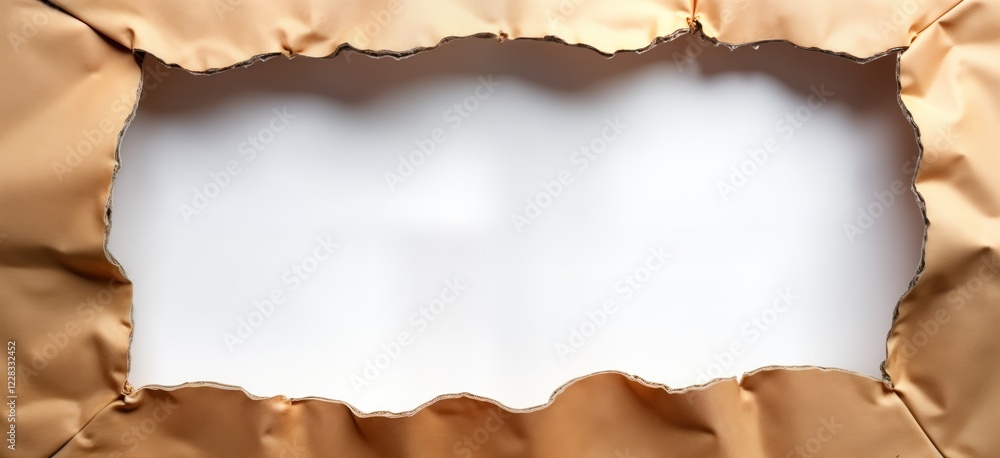 Poster Torn cardboard box forms frame around empty space. Ripped edges, visible texture create distressed look. Suitable for eco-friendly design projects shipping themes. Empty space ideal for adding text