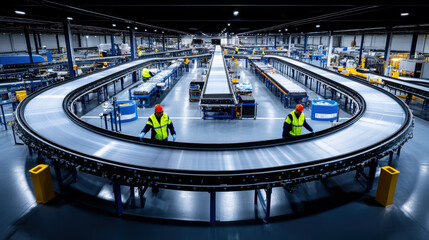 Canned tuna factory, A high-fidelity image of a factory floor featuring multiple conveyor belts, ideal for industrial and manufacturing projects.