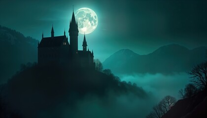 Spooky castle on misty mountain under full moon. Haunted, scary atmosphere. Vampire, dracula theme. Dark night. Mysterious, eerie scene. Gothic, supernatural. Terror, scare. Nightmarish, chilling.