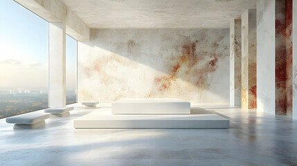 Modern White Platform in Industrial Concrete Room with City View