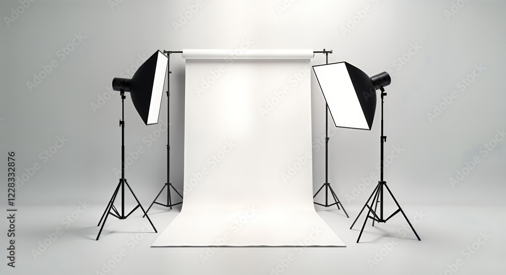 Poster empty pro photo studio setup with two light stands, white backdrop. studio tech equipment ideal for 