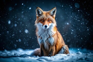 Obraz premium Sad Fox in Snowy Night: Low Light Winter Wildlife Photography