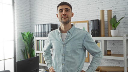 Young hispanic man standing confidently in a bright office with a modern indoor setup, surrounded...