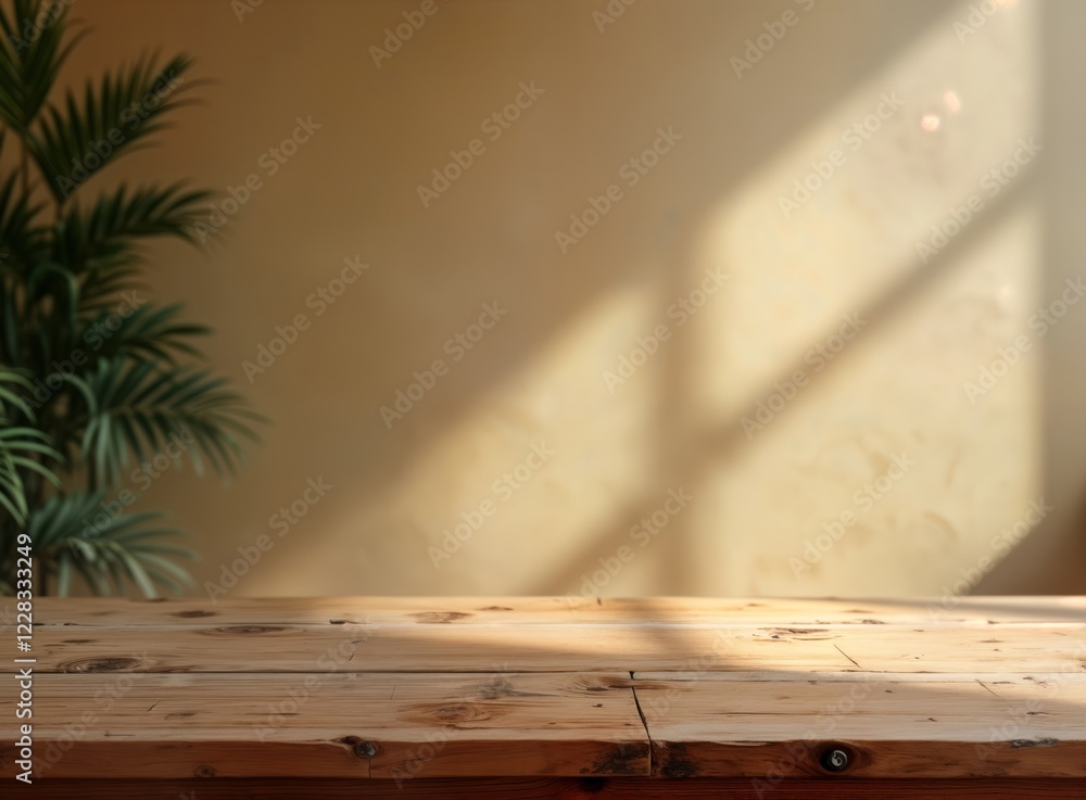 Poster empty wooden tabletop with warm beige wall in background. sunlight casts shadows on surface. natural