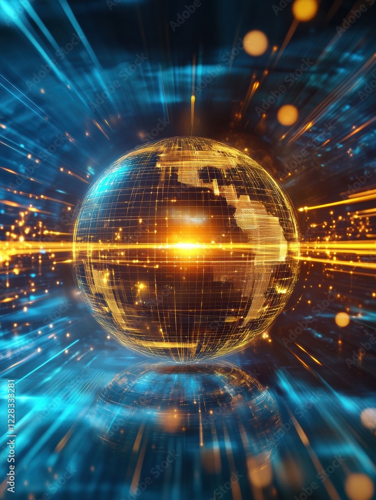 Poster Spinning globe with glowing contour lines emanating bright light in a digital universe of interconnected pathways. Generative AI