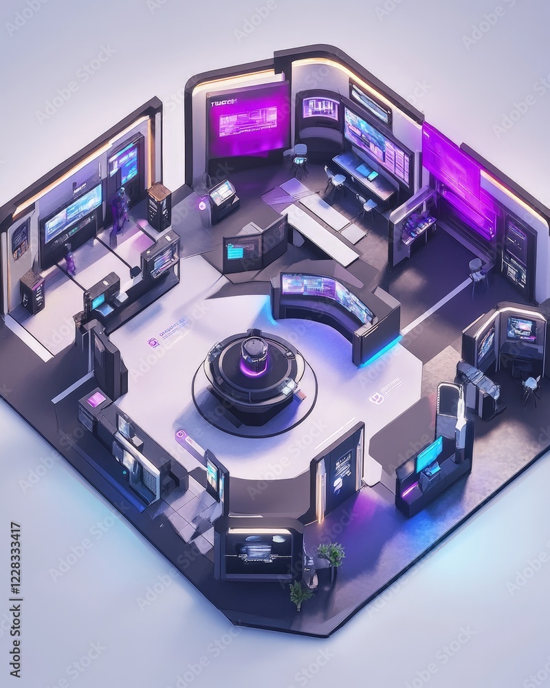 Aufkleber futuristic tech center: isometric view of a modern command control room with advanced technology and