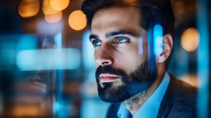 A serious professional businessman looks contemplative during a quiet moment in the office.