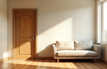 Empty minimalist living room interior. Wooden door, light beige sofa featured. Sunlight streams into room casting shadows. Modern, comfortable design. Ideal for interior design magazines real estate