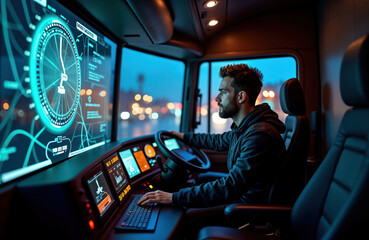 Truck driver operates advanced tech interface. Modern cab interior displays route. Night driving. Driver focused on navigation. High tech transportation. Smart logistics. Future of driving. Man uses