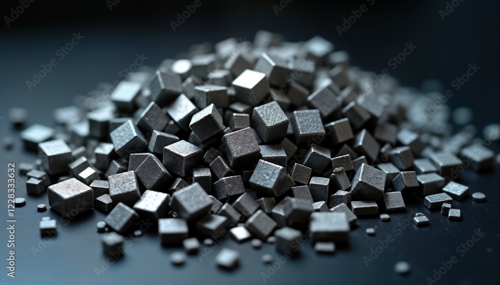Poster pile of small gray metal cubes arranged on dark surface. modern design abstract. industrial material