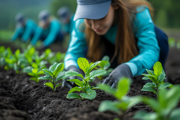 Dedicated volunteers planting trees in a park, spreading environmental awareness and contributing to a greener future