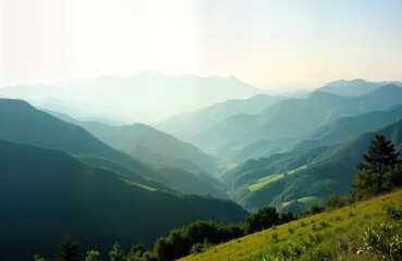 Vast mountain range stretches across horizon. Rich green plants and valleys are visible within mountain range. Gentle hills descend towards valley. Misty atmosphere adds to serene beauty of landscape.