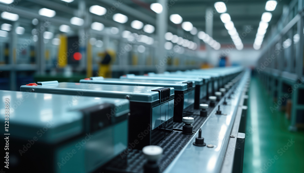 Leinwandbilder electric vehicle battery cells move along automated production line in factory. modern tech assembly